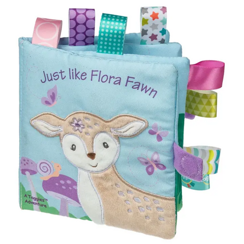 Soft Taggies baby book "Just Like Flora Fawn" with fabric cover, crinkle pages, and textured tags for sensory play

