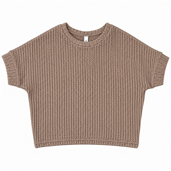 Girls short sleeve textured knit sweater top in taupe and cream with a relaxed fit on a white background.