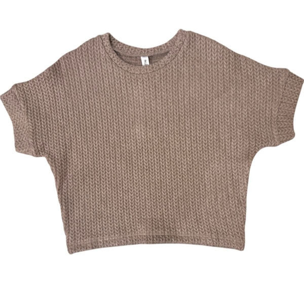 Girls short sleeve textured knit sweater top in taupe and cream with a relaxed fit on a white background.