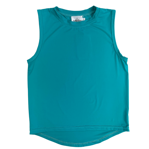 Teal sleeveless performance fabric high/low shirt for girls