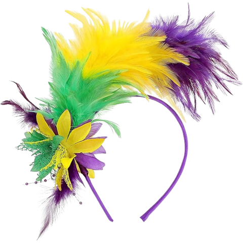 Mardi Gras headband with purple, green, and gold feathers and a matching flower embellishment on a purple band.