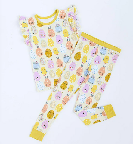 yellow two piece set with different colored easter eggs