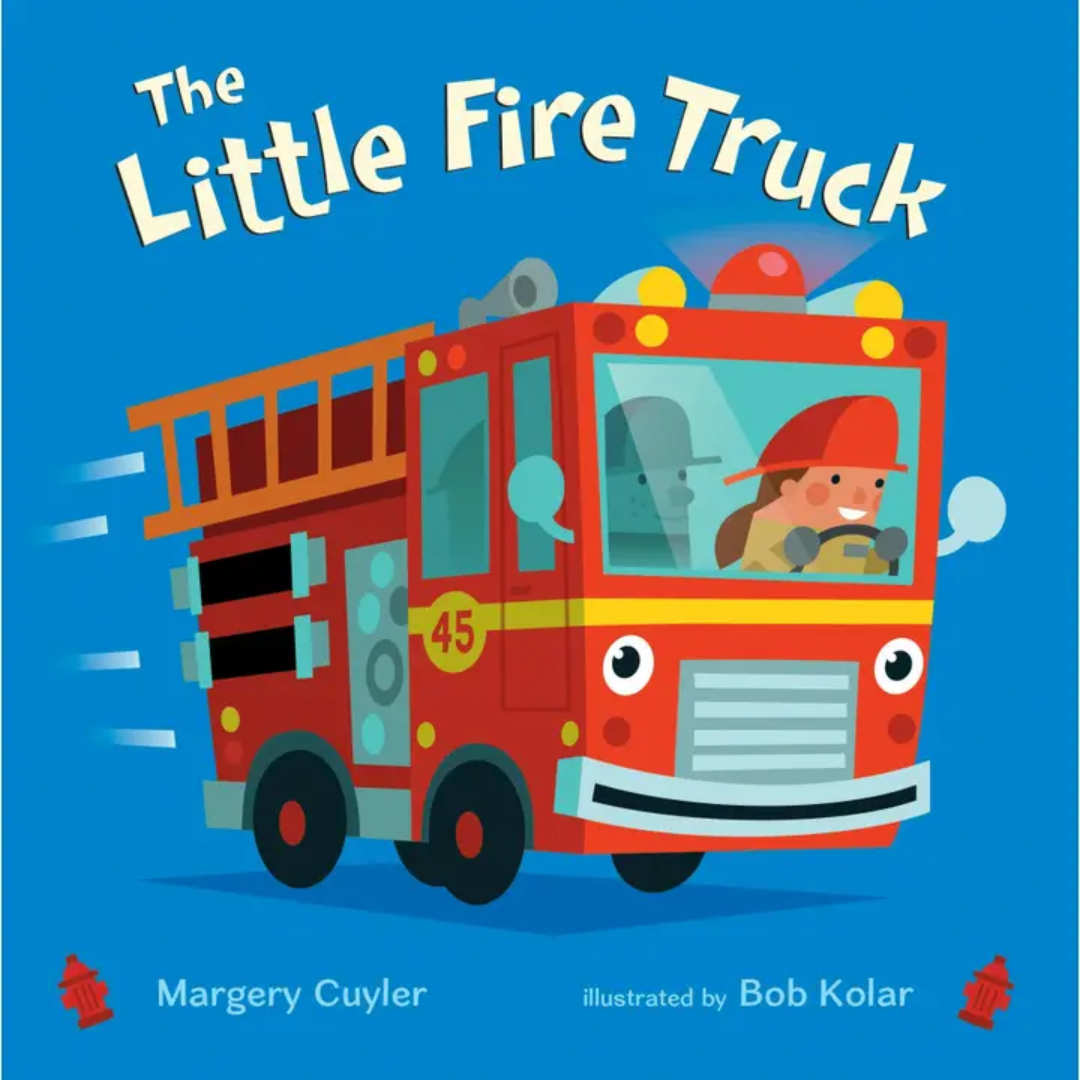 Cover of “The Little Fire Truck” featuring a smiling red fire truck driven by Firefighter Jill on a bright blue background.