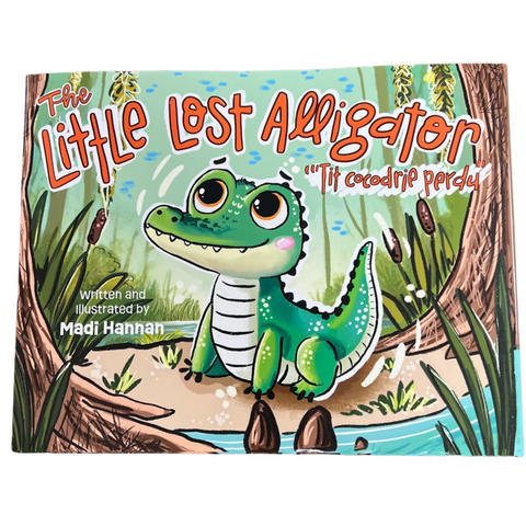 Cover of The Little Lost Alligator children’s book by Madi Hannan, featuring a cute cartoon baby alligator in a colorful bayou swamp scene.