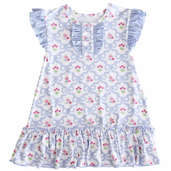Girls periwinkle floral nightgown with flutter sleeves and knee-length fit, featuring bow and floral print for bedtime comfort