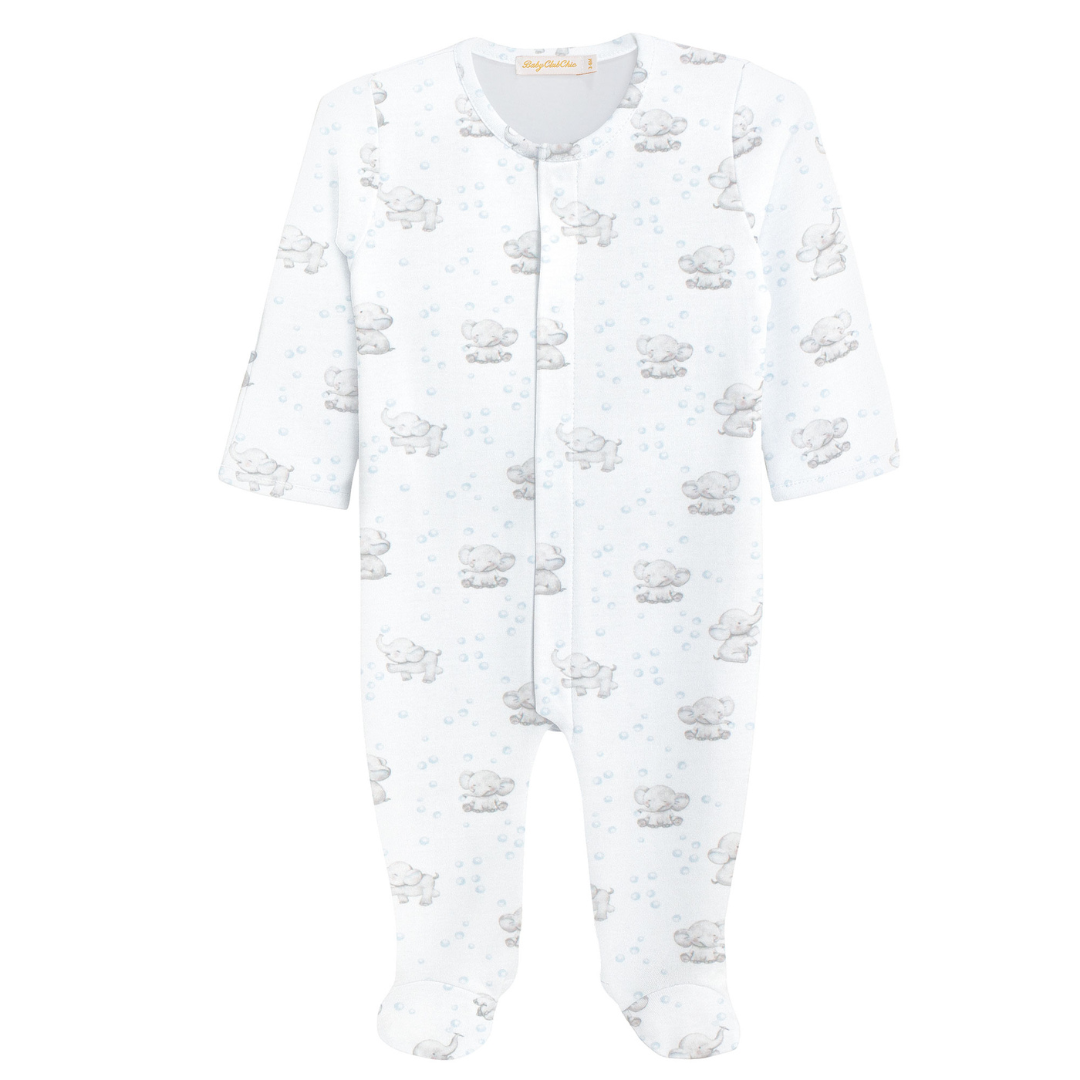 White baby footie with long sleeves and an allover print of gray elephants blowing blue bubbles, featuring built-in feet and front snaps.