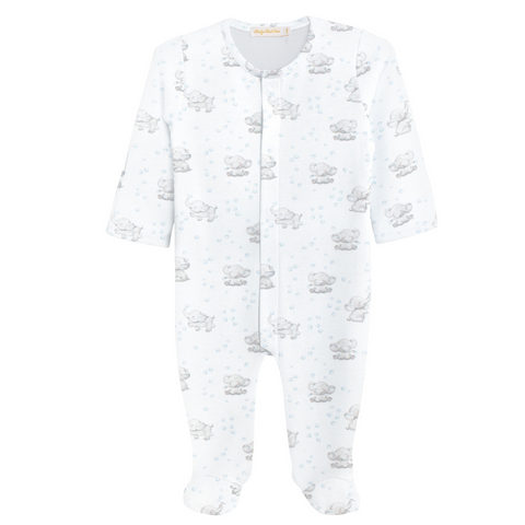 White baby footie with long sleeves and an allover print of gray elephants blowing blue bubbles, featuring built-in feet and front snaps.