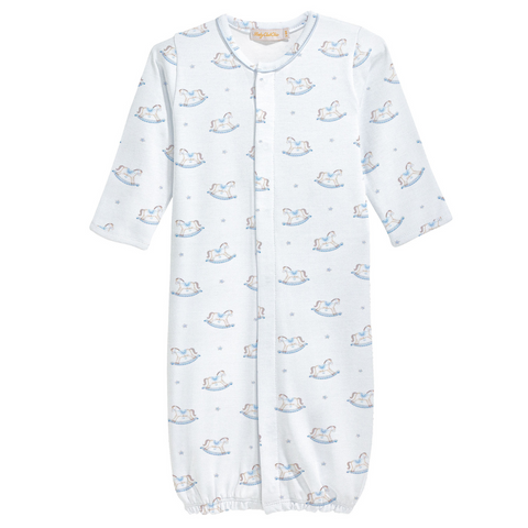 Blue baby converter gown with long sleeves and an allover print of white and blue rocking horses, featuring front snaps and an elastic bottom hem.