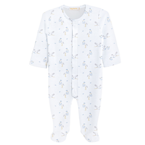 Long sleeve white baby footie sleeper with an allover print of blue storks carrying bundles, featuring a front snap closure and footed bottoms.