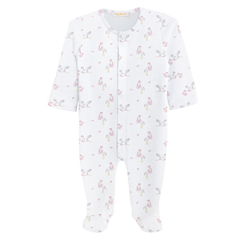 White baby footie with long sleeves, covered feet, and a pink stork print pattern carrying tiny pink bundles, featuring a snap-front closure.