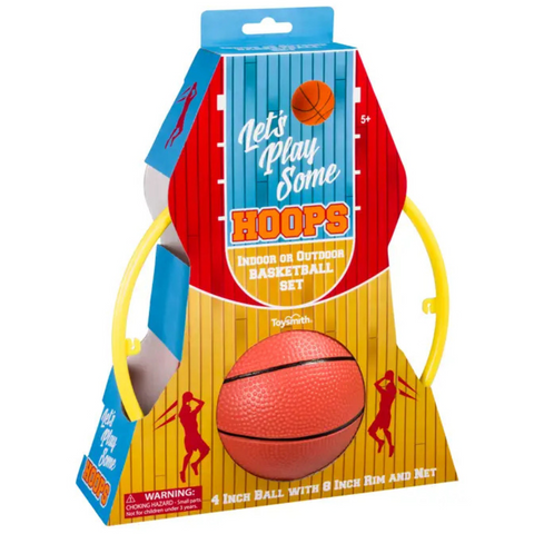 Toysmith Let’s Play Some Hoops basketball set in colorful packaging with 8" rim and 5" bal