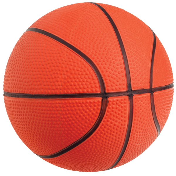 Close-up of an orange 5" rubber basketball with black lines, textured for grip