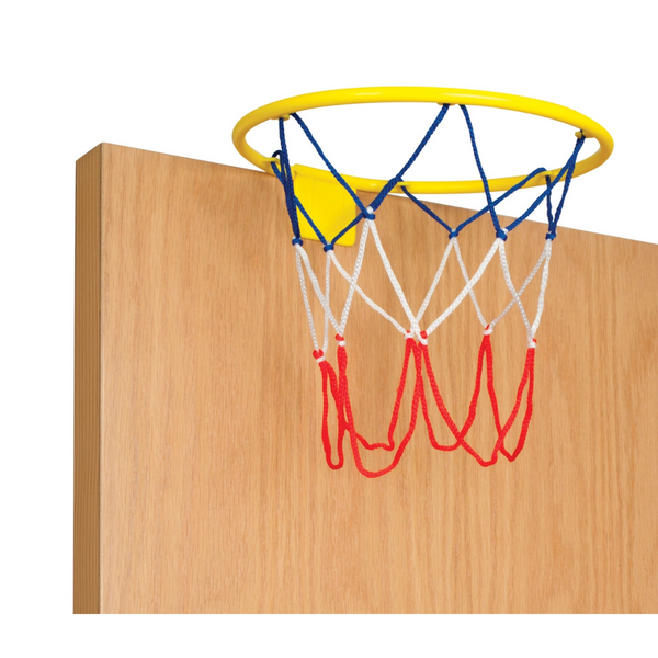 Yellow plastic basketball hoop with red, white, and blue net clipped onto a wooden door