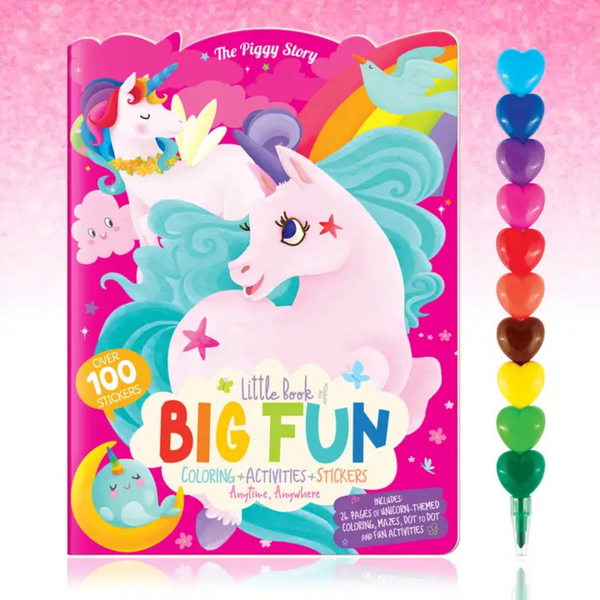 “Unicorn Activity Gift Pack with Little Book of Big Fun featuring 24 activity pages, 100+ stickers, and a rainbow heart stacker crayon.”