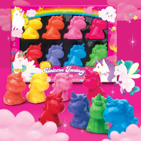 “Boxed set of 8 Unicorn Fantasy Crayons in bright colors, shaped like unicorns, durable and safe for kids ages 3 and up.”