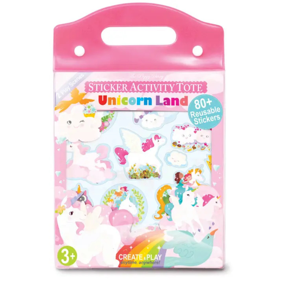 “Unicorn Land Sticker Activity Tote with 80+ reusable vinyl stickers and two colorful fold-out play scenes in a carry case.”