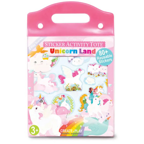 “Unicorn Land Sticker Activity Tote with 80+ reusable vinyl stickers and two colorful fold-out play scenes in a carry case.”