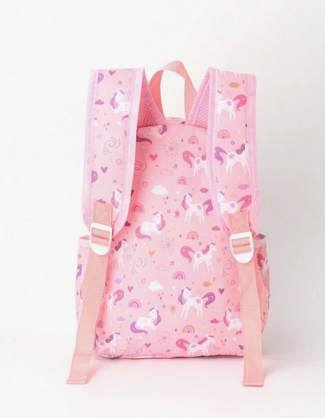 back of pink unicorn backpack