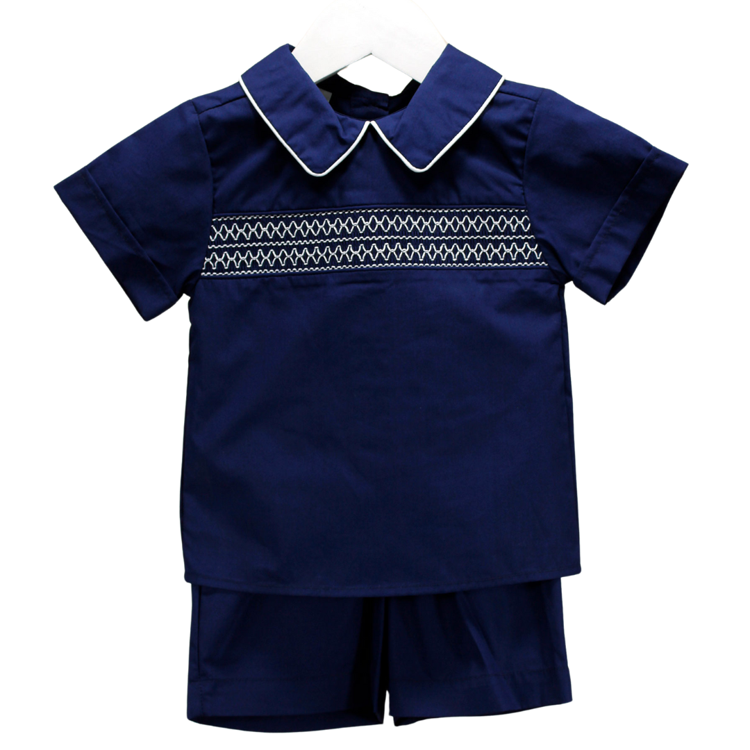 Navy and White Smocked Short Set