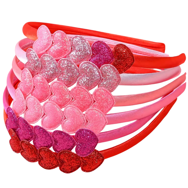A group photo of  puffy heart  glitter satin headbands
