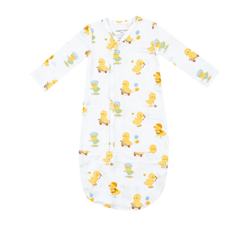 white bundle gown with yellow ducks