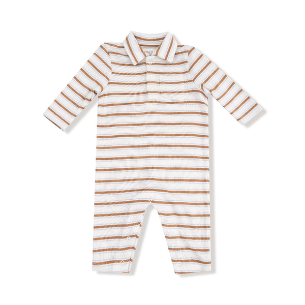 Baby boy romper with brown and white vintage stripes and polo collar featuring snap leg closures and front pocket.









