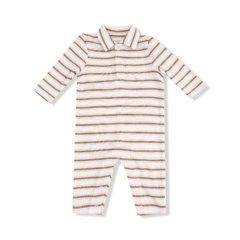 Baby boy romper with brown and white vintage stripes and polo collar featuring snap leg closures and front pocket.









