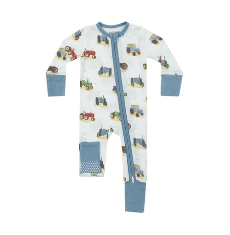 blue two way zipper romper with tractors