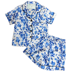 short sleeve and short pant satin button down loungewear set with a china blue floral print