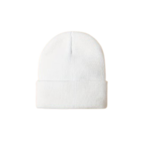 Plain white cotton baby hat with folded brim for a snug newborn fit.