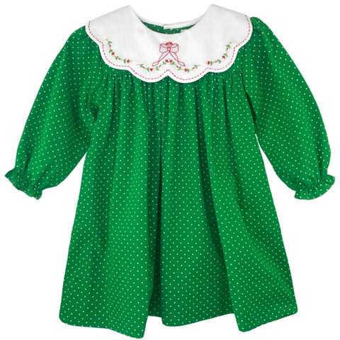 Green Polka Dot Christmas Dress with Embroidered Collar