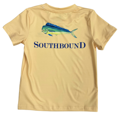 Yellow performance fabric, short sleeve tee with a Mahi Mahi Fish graphic on the back and the southbound logo on the front left chest
