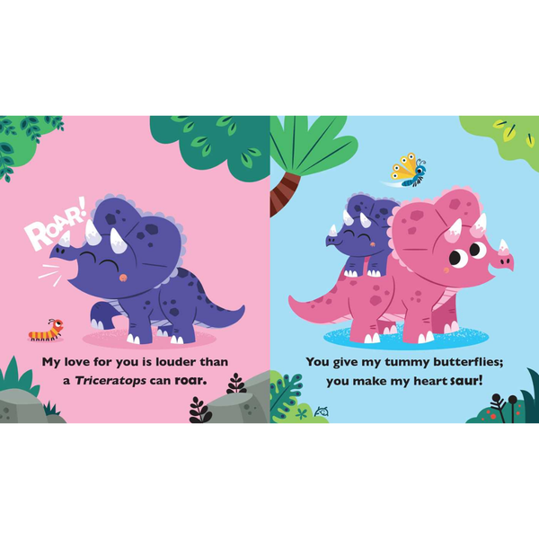 Illustrated book pages with cartoon dinosaurs on a white background
