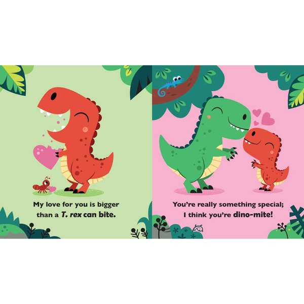 Illustration of two dinosaurs with a heart and text on a green and pink background