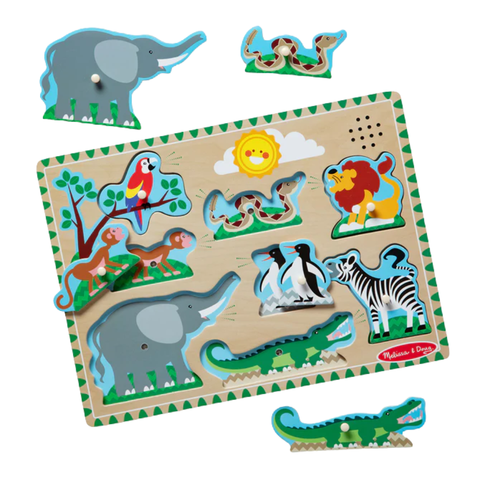Wooden sound puzzle with chunky pieces designed for toddlers, featuring bright illustrations and sound effects when pieces are lifted.