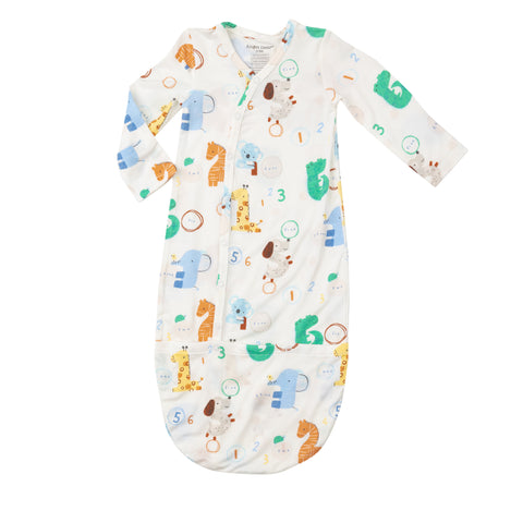 White bundle gown with animals and numbers