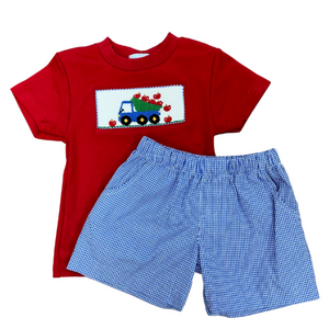 Apple Truck Smocked Gingham Short Set