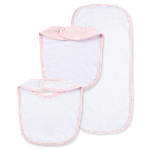Back view of two baby bibs and matching burp cloth showing soft white absorbent backing with pink trim and hook-and-loop closures.