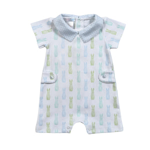 Pima cotton romper with blue and green Easter bunny details and side tabs