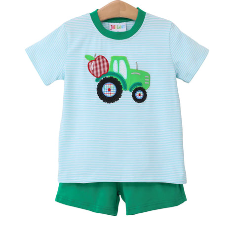 solid green knit short with a blue and white thin stripe short sleeve top trimmed in green at the neck with a tractor carrying an apple applique on the front