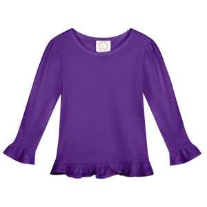 Plain purple long sleeve shirt with ruffles on the end of the sleeves and on the bottom of the shirt .