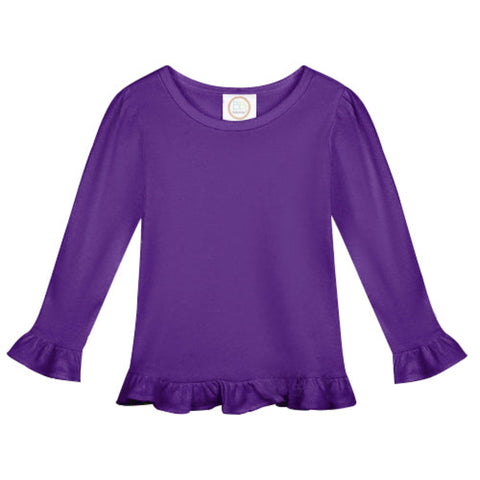 Plain purple long sleeve shirt with ruffles on the end of the sleeves and on the bottom of the shirt .