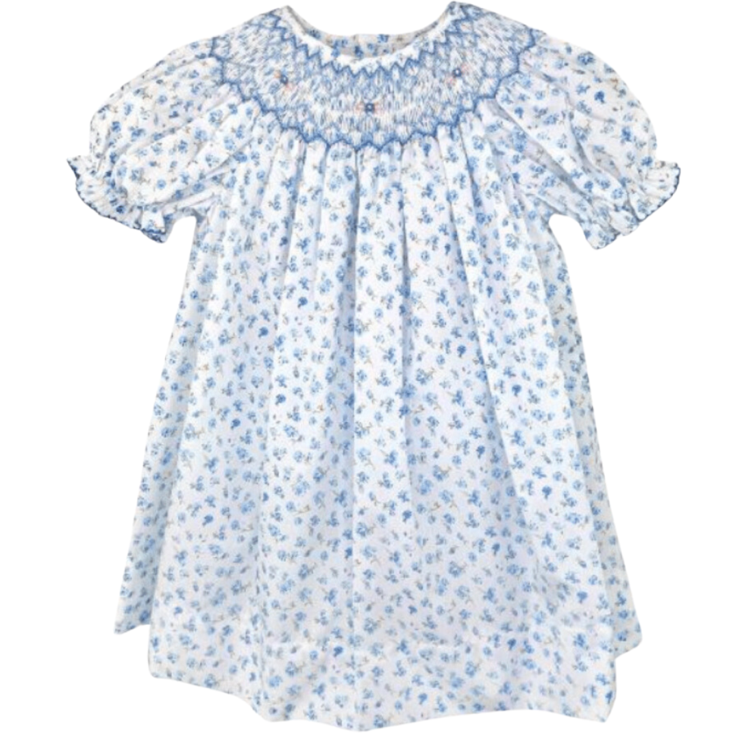 Blue Floral Dress with Bishop Smocking