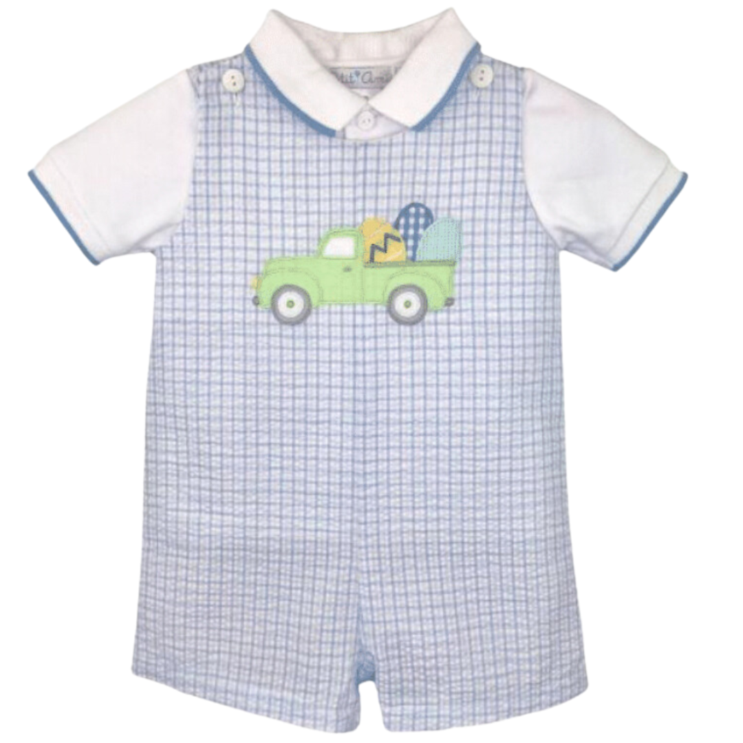 Blue Romper with Easter Truck Applique