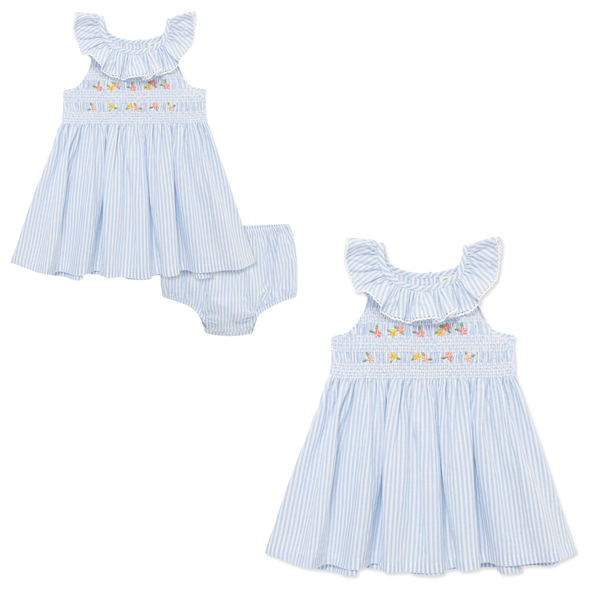 Light blue striped baby dress with ruffled sleeves and matching bloomers on a white background