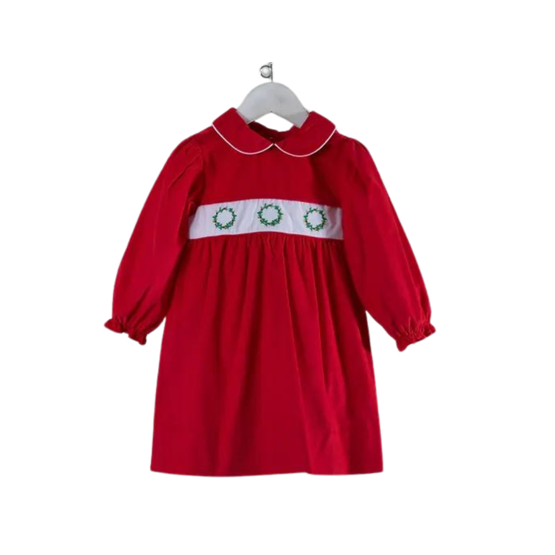 red long sleeve Christmas dress with three Christmas wreath on bodice