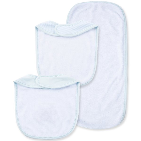 Back view of two baby bibs and matching burp cloth showing soft white absorbent backing, baby blue trim, and secure hook-and-loop closures.