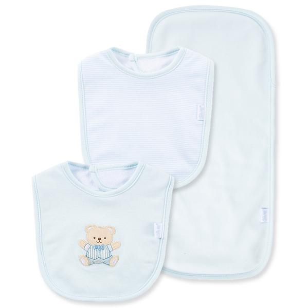 Front view of baby blue feeding set with two bibs and matching burp cloth, featuring an embroidered teddy bear bib and coordinating blue striped bib.
