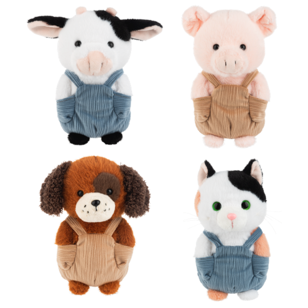 Cow and calico cat plush toys in blue corduroy overalls alongside a pink pig and brown floppy-eared dog in tan corduroy overalls.