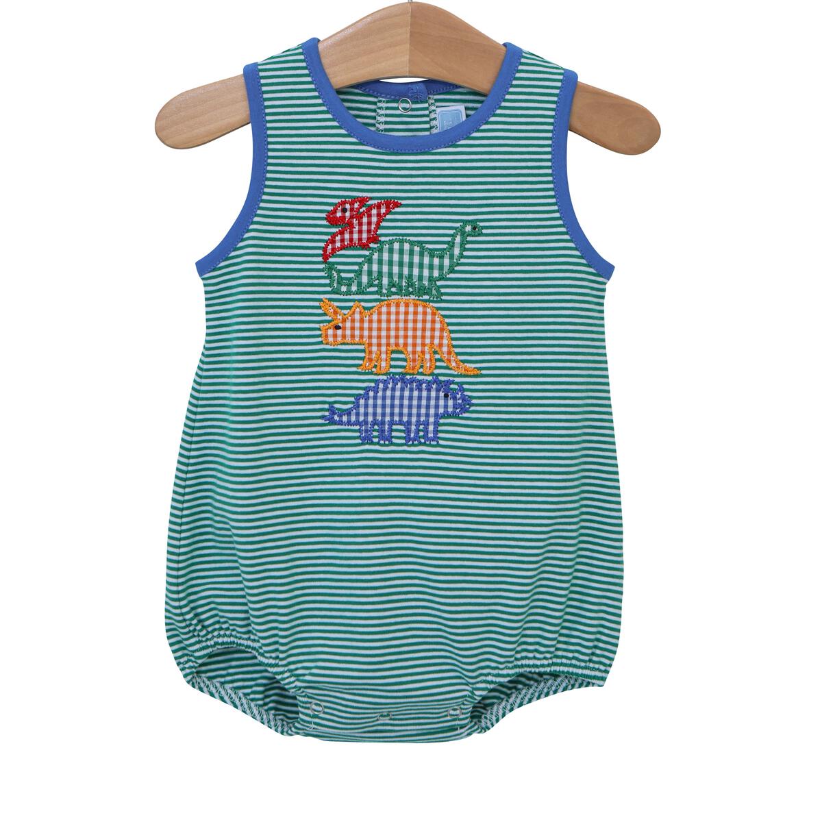 Green and white stripe boy bubble trimmed in royal blue with an applique of 4 small dinosaurs